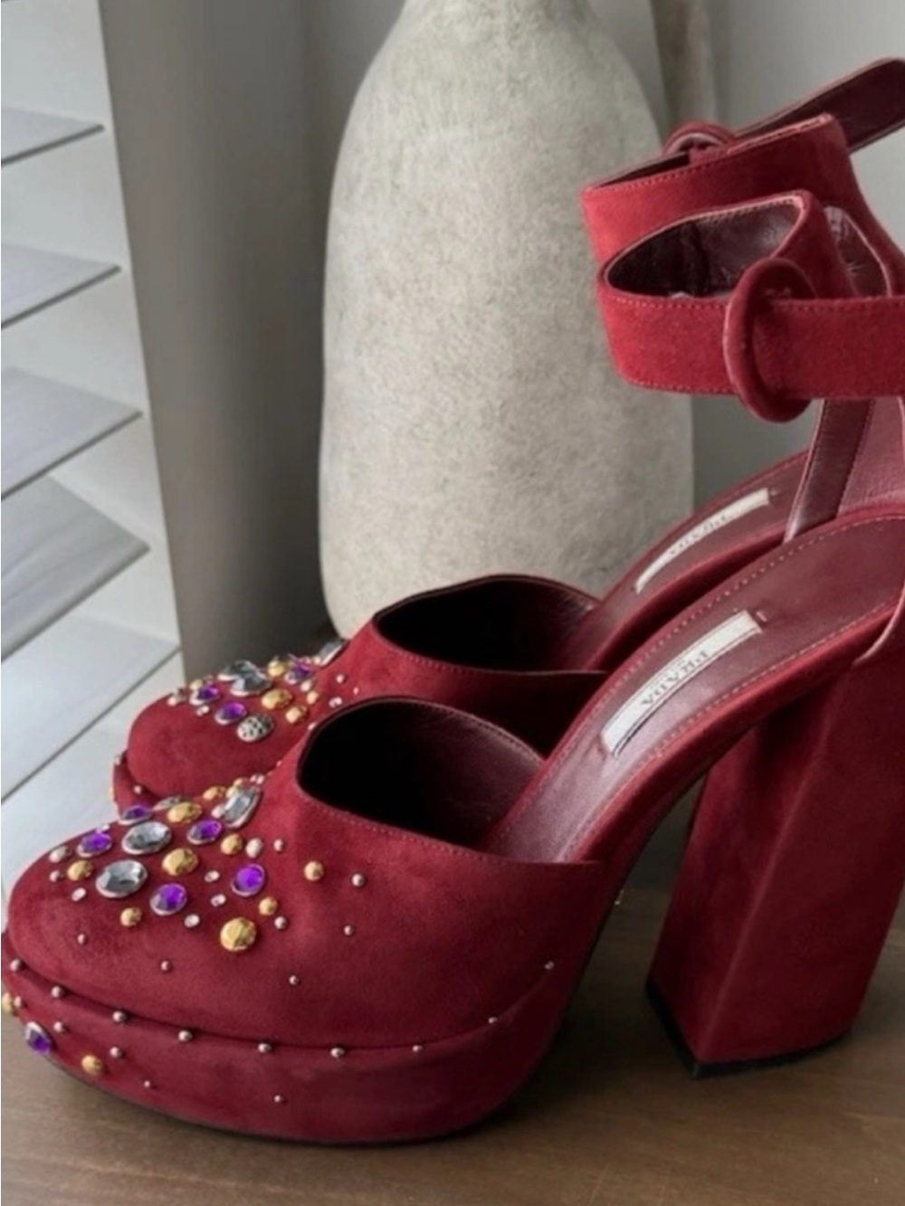Prada Burgundy Suede Gem-Embellished Mules - Picture 5 of 5